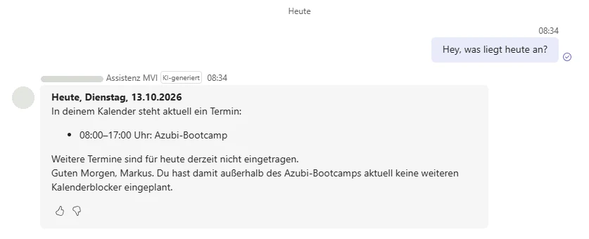 Teams-Chat: Die KI-Assistenz nennt die Termine des Tages