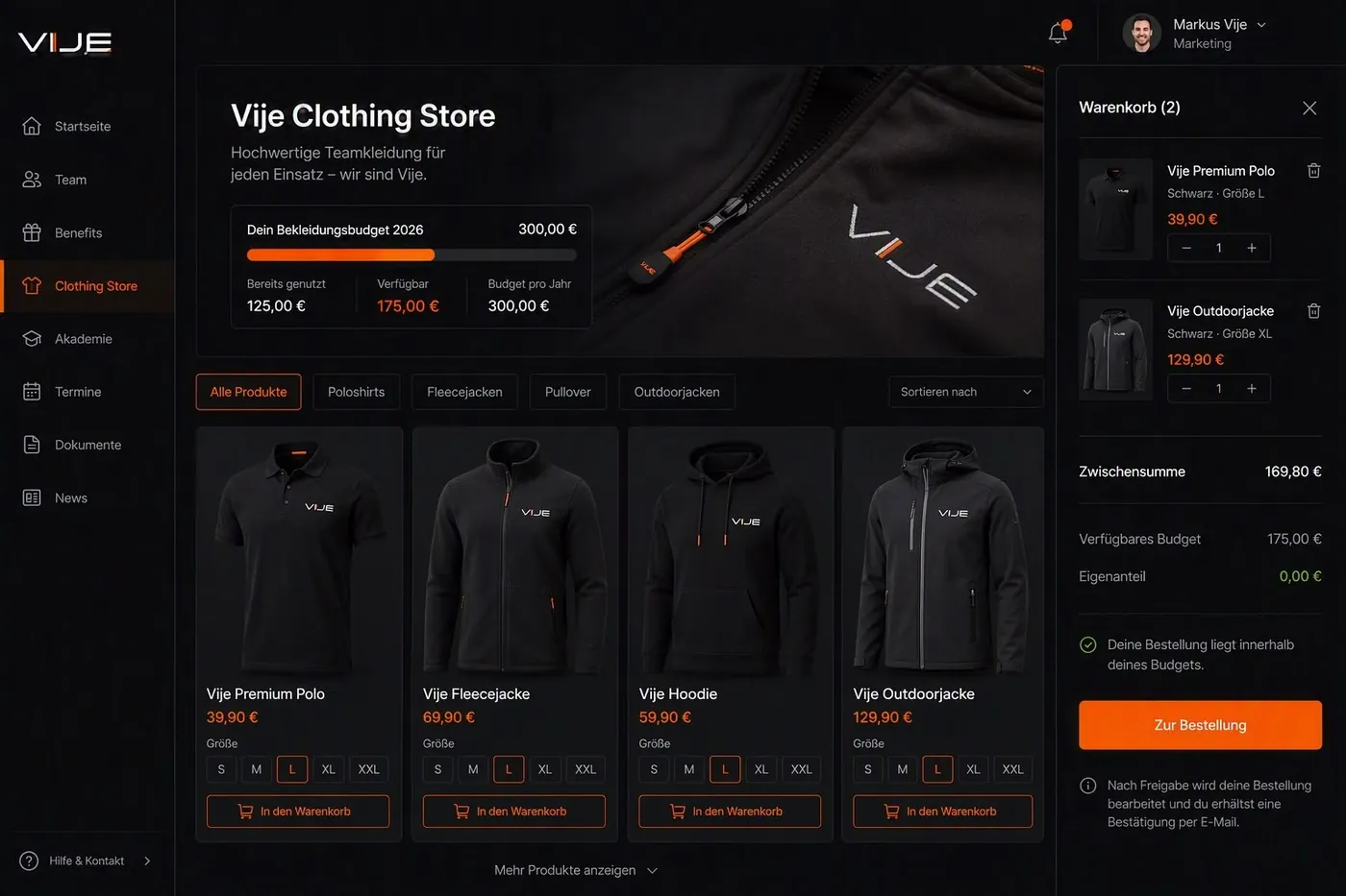 Interner Shop für Teamkleidung mit Budget